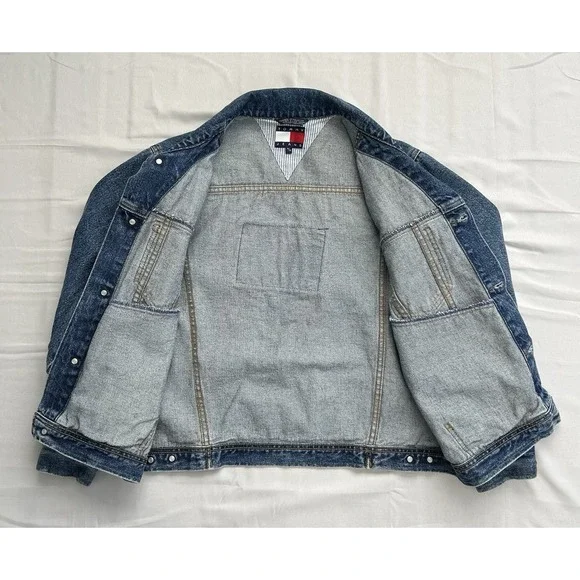 RARE VTG Y2K Tommy Hilfiger Mens Trucker Denim Jacket Button Logo Point Collar M - Picture 6 of 8